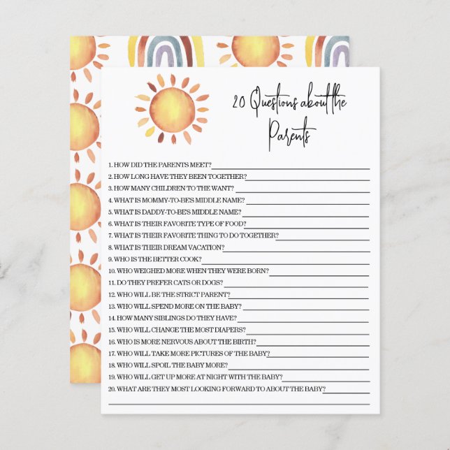 20 Perguntas sobre o jogo de chá de fraldas dos Pa (Frente/Verso)