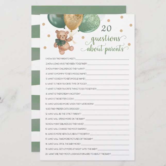 20 Perguntas Sobre O Urso De Teddy Do Chá de frald (Frente/Verso)