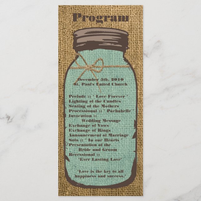 25 4x9 Programa Casamento Mason Jar Burlap Country (Frente)
