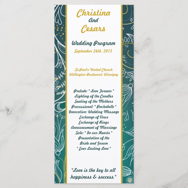 25 4x9 Programa de Casamento Teal/Mostarda Amarela (Frente)