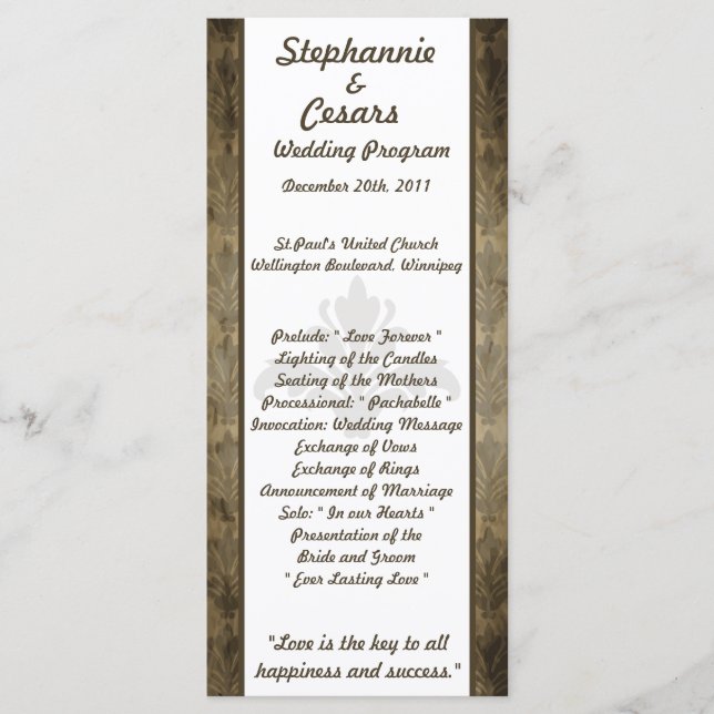 25 4x9 Programa de Casamento Vintage Brown Damask (Frente)