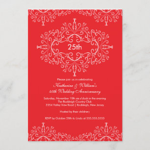 25 Aniversário Damask Convite Vermelho