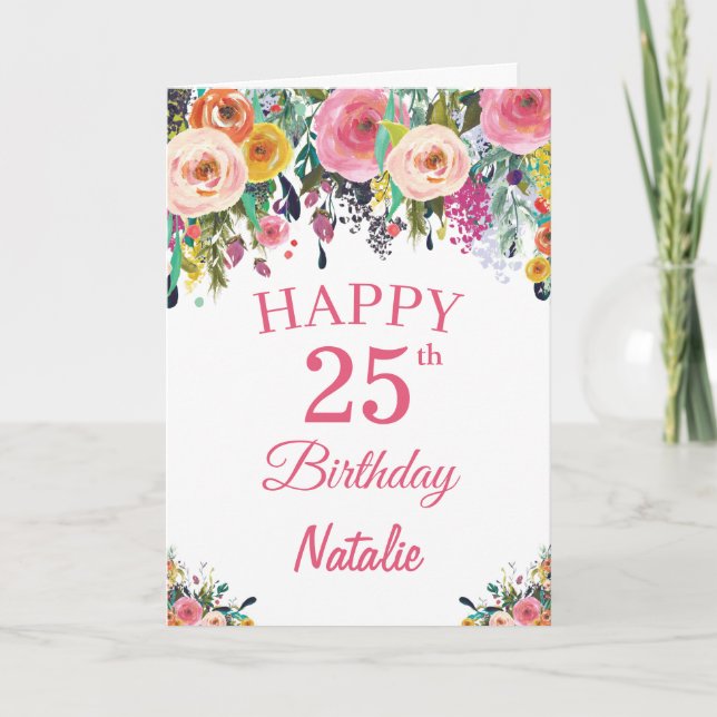 25 Birthday Watercolor Floral Flowers Cartão Rosa (Frente)