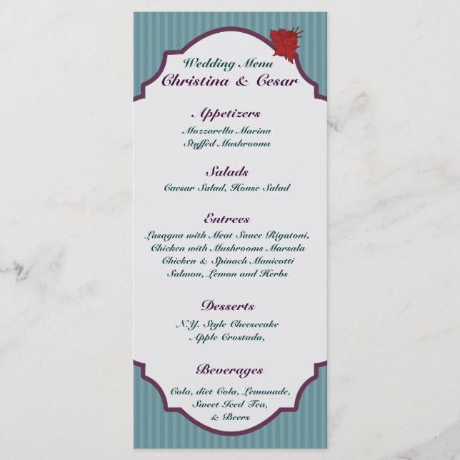 25 Cartões De Menu Azul Teal Damask/Stripes Flor V (Frente)