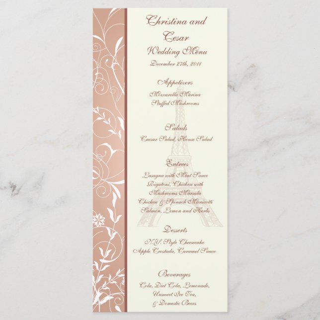 25 Cartões de menu Espiral floral em Paris (Frente)