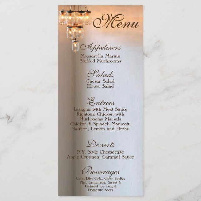 25 Cartões de menu Mason Jar Chandelier Candelier  (Frente)