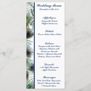 25 Cartões de menu Penas de pavão Azul/Verde elega
