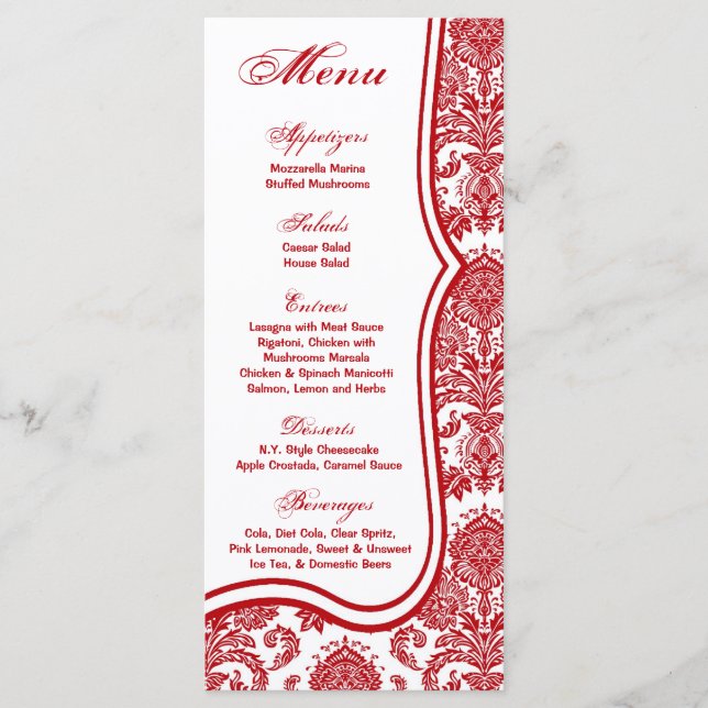 25 Cartões de menu Red Crimson White Damask Lace I (Frente)