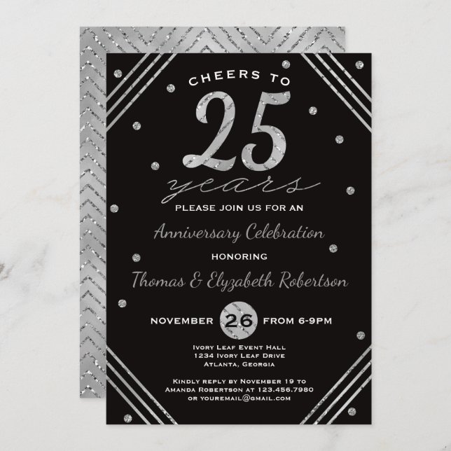 25 Convite de festas de aniversário, Faux Silver (Frente/Verso)