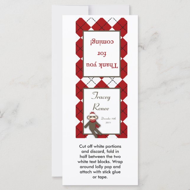 25 Lollipop Topper Red Sock Monkey Argyle (Frente)