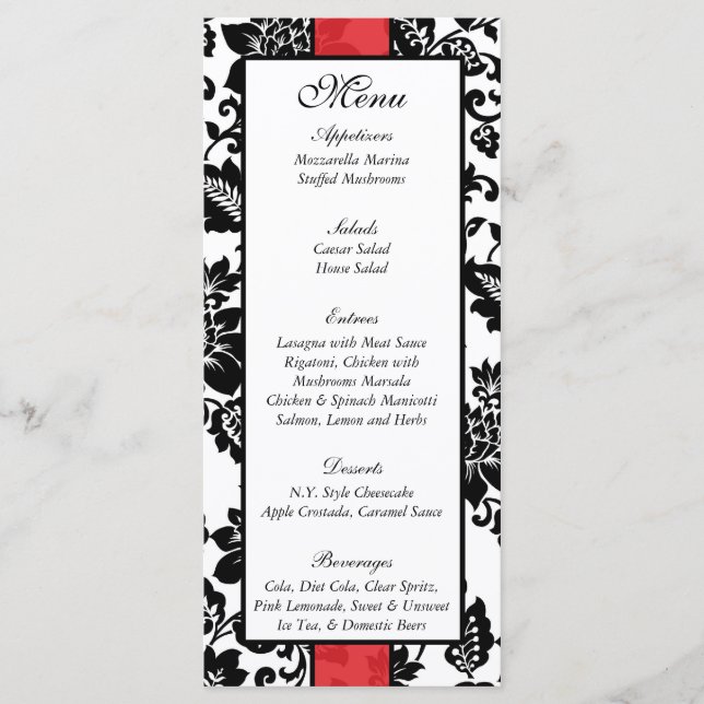 25 Menu Casamento tema damasco Floral Preto/Vermel (Frente)