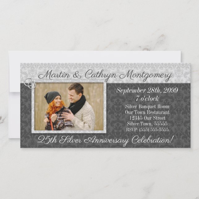25 Silver Anniversário Damask com Foto (Frente)