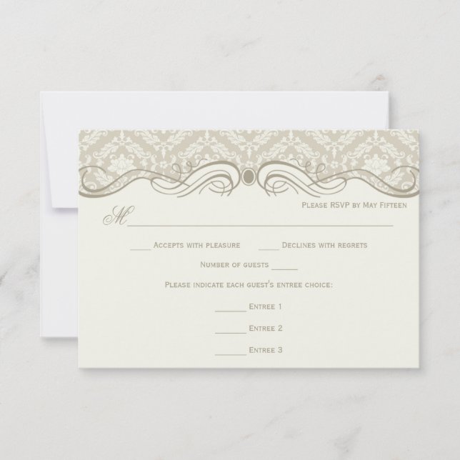 #2 Cream Tan Damask Swirls RSVP Menu Escolha (Frente)