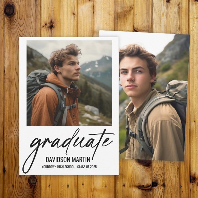 2 Foto Anúncio de Graduação com Letra Moderna (2-photo modern script graduation announcement card for him)