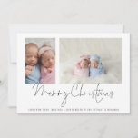 2 Fotografias Collage Baby Twins Primeiro Natal<br><div class="desc">Filme de Foto da Família 2 Bebês de Colagem de Foto Primeiro Cartão de Natal. Basta substituir as duas fotos de exemplo por suas próprias e personalizar com suas saudações e nomes na parte inferior. Feliz Natal está em um roteiro de na moda.</div>