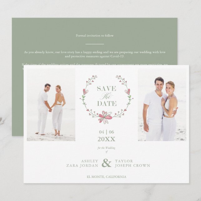2 Fotos de Casamento de Colagem Floral Verde Covid (Frente/Verso)