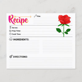 2 Sided Blank Floral Recipe Card with Cute Rose