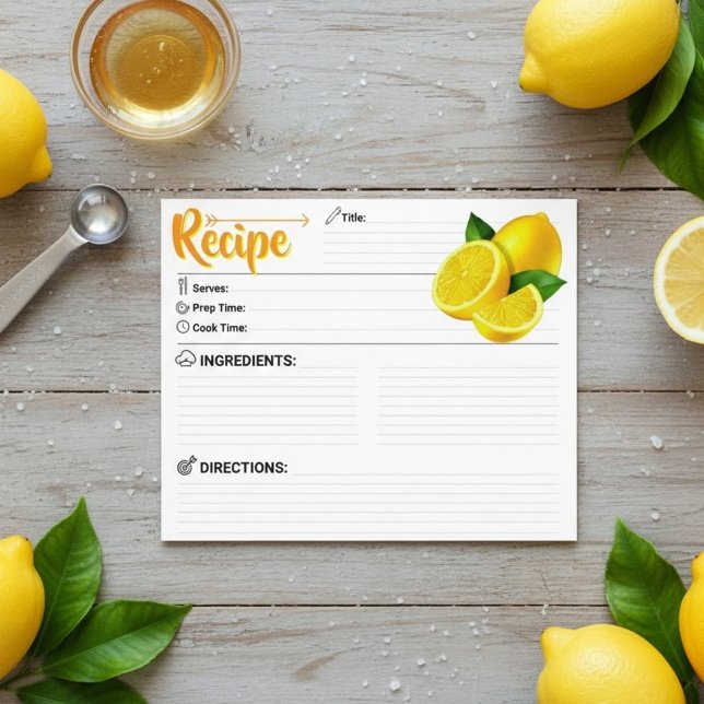 2 Sided Blank - Modern Lemon Recipe Card (printable recipe card template)