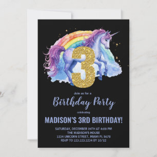 3º Convites de Aniversário do Rainbow Unicorn