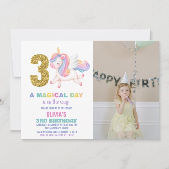 3º Convites de Aniversário do Rainbow Unicorn com  (Frente)