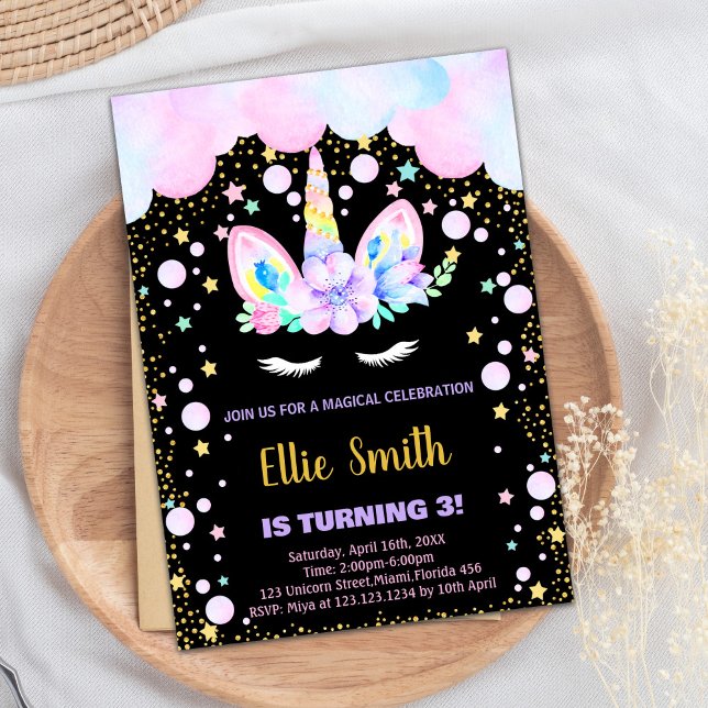 3º Convites de Aniversário do Unicórnio Roxo (3rd Purple Unicorn Birthday Invitations)