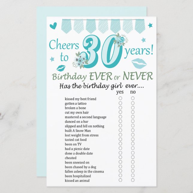 30. º Aniversário Nunca ou Nunca Jogo (Frente/Verso)