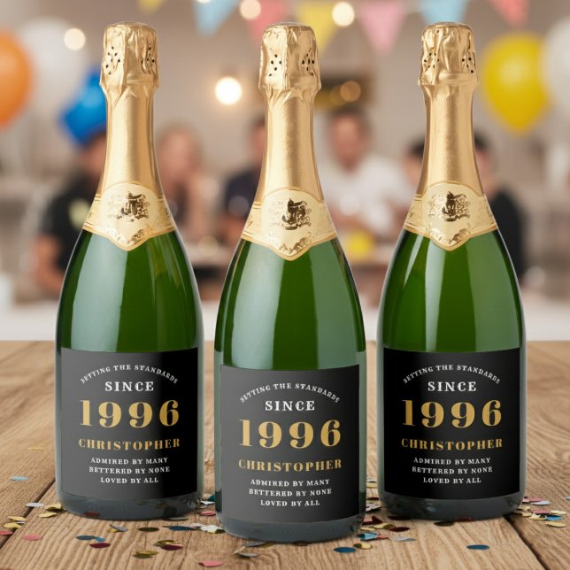 30th Birthday Born 1996 Add Name Black Gold (Born 1996 birthday sparkling wine labels. Background out of focus.)