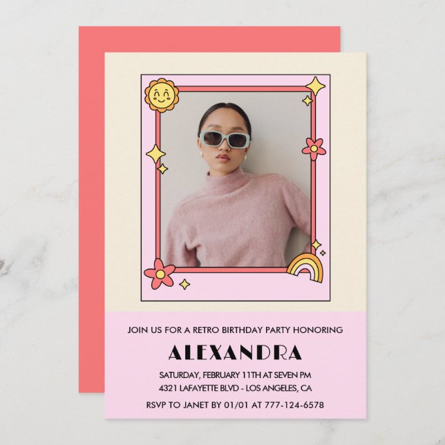 31.º aniversário convite Retro Fotografia Rosa Flo (Frente/Verso)