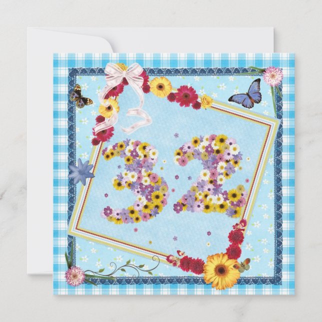 32ª flores do Convite de aniversário, borboletas (Frente)