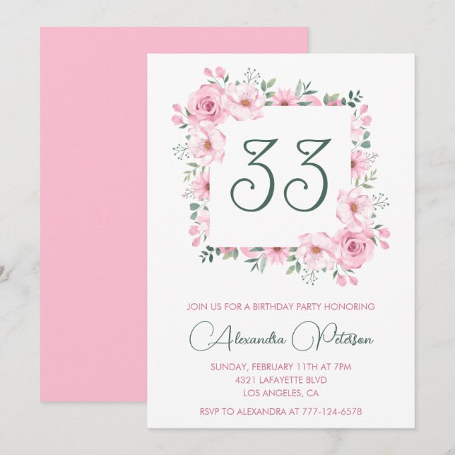 33.o aniversário convite Boho Floral Pink Elegante (Frente/Verso)
