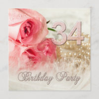 34o Convite de aniversário, rosas e pérolas