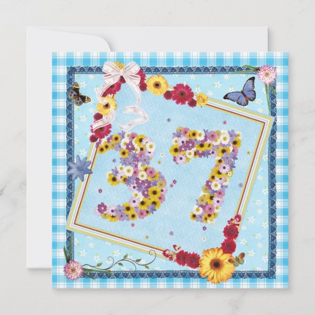 37ª flores do Convite de aniversário, borboletas (Frente)