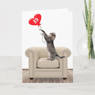 39º Aniversário do Gato com Cartão de Balão de