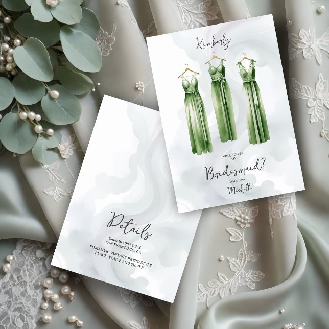 3 Chic Sage Bridesmaid Dresses Watercolor Request (Glam 3 Chic Green Sage Shades Bridesmaid Dresses Watercolor Request Card.)