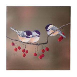 3 CHICKADEES & BAGAS VERMELHAS por SHARON SHARPE