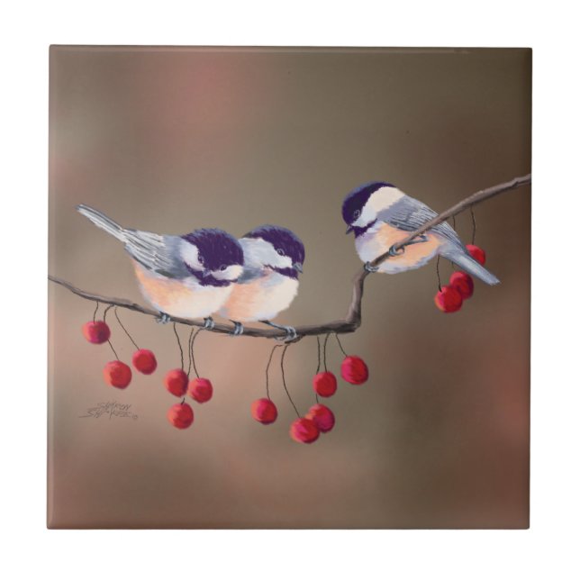3 CHICKADEES & BAGAS VERMELHAS por SHARON SHARPE (Frente)