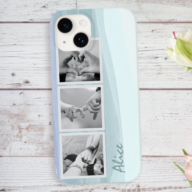 3 Colagem de Fotos e Nome Trendy Aqua Blue (Upload your 3 photos to this serene aqua blue phone case and add your name)