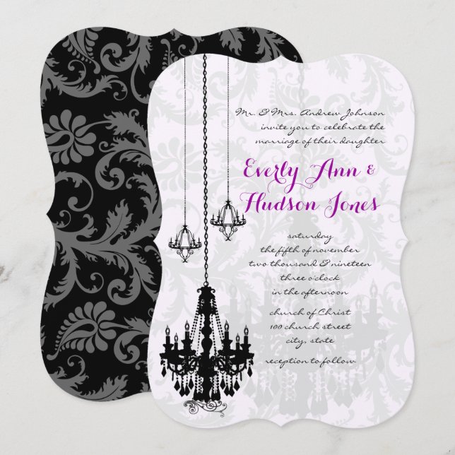 3 Convites de Casamento em Damask com Sombras de L (Frente/Verso)