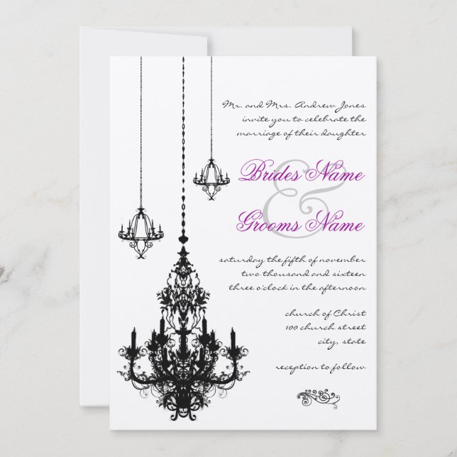 3 Convites para Casamento de Chandeliers Negros (Frente)