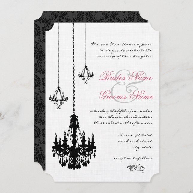 3 Convites para Casamento de Chandeliers Negros (Frente/Verso)