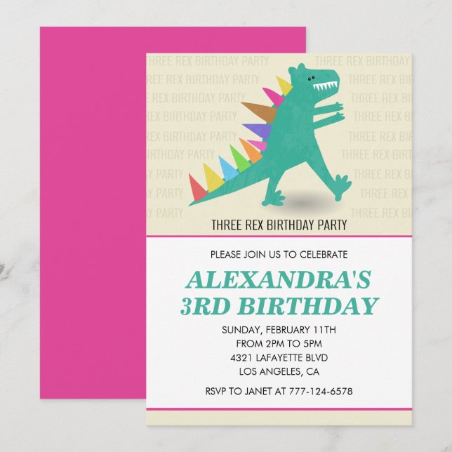 3 convites rex menina 3 anos terceiro dino (Frente/Verso)