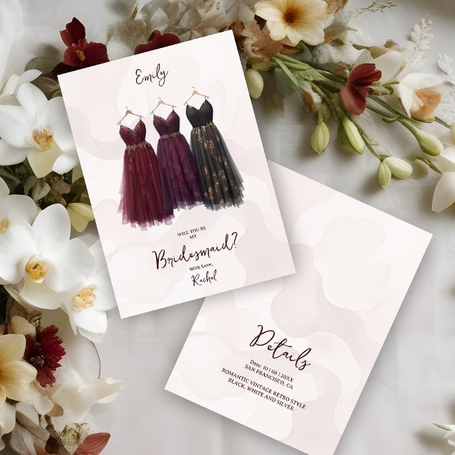 3 Exquisite Bridesmaid Dresses Watercolor Ask (Glam 3 Exquisite Bridesmaid Burgundy and Black Dresses Watercolor Effect Proposal Card.)