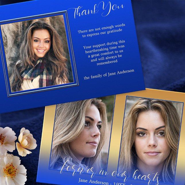 3 Foto de Sentido Simpatia Obrigado Cartões (Funeral or memorial Thank You card featuring 3 custom photos on royal and navy blue with gold)