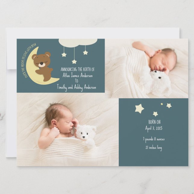 3 fotos com anúncio de nascimento sobre o urso da  (Frente)