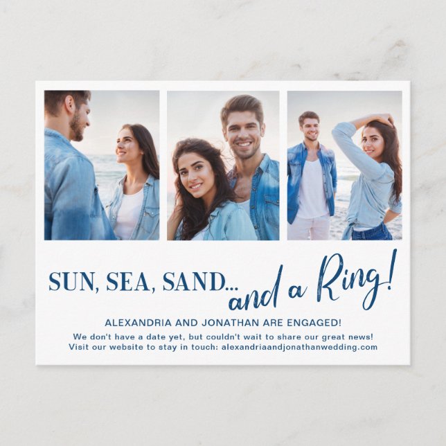 3 Fotos de Anúncio de Noivado na Praia Postcard (Frente)