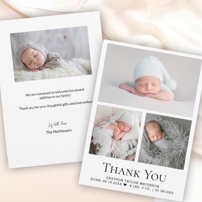 3 Fotos personalizadas anúncio de nascimento Baby  (baby boy 3 custom photos thank you birth announcement shower card.)