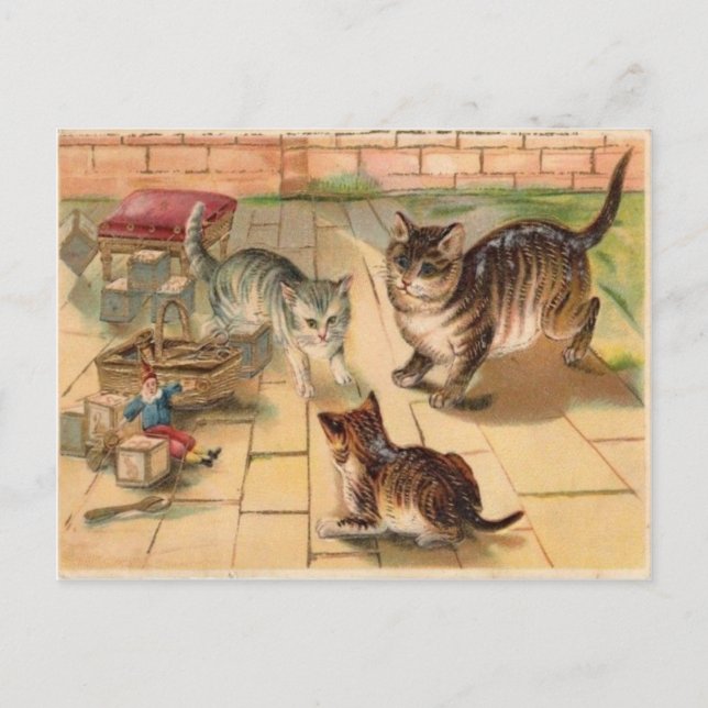 3 gatos tocando com cartão postal da Toys Vintage  (Frente)