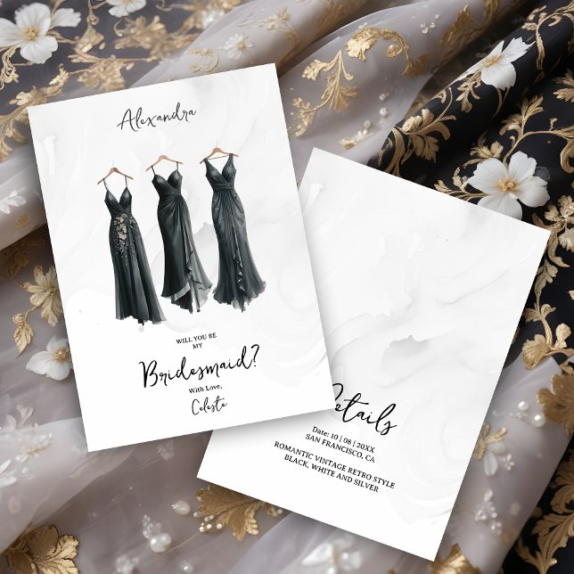 3 Glam Black Bridesmaid Dresses Watercolor Request (Glamorous 3 Chic Black & Grey Shades Bridesmaid Dresses Watercolor Effect Proposal Card. )
