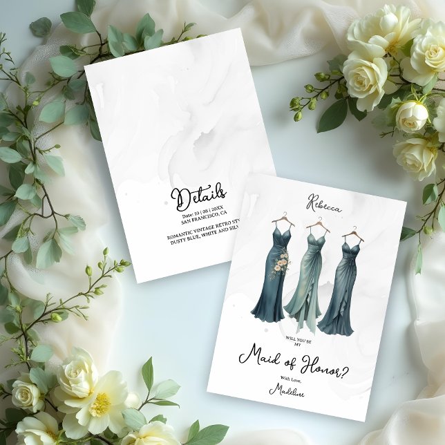 3 Glicam Dusty Bridesmaid Vresses Watercolor Reque (3 Glam Dusty Bridesmaid Dresses Watercolor Request Cards.)