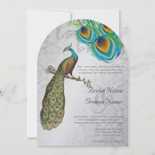 3 Penas de Pavão Art Deco Convite de Casamento (Frente)